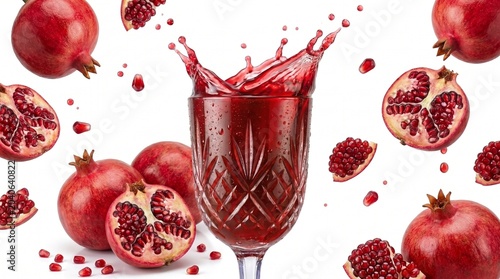 Pomegranate Juice with Ruby Red Seeds Isolated on White