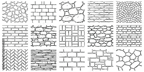 Set of hand drawn stone wall and brick patterns for architectural design and construction texture backgrounds