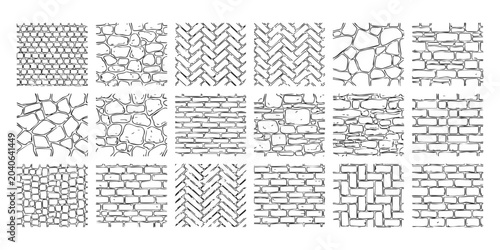Fotografia Set of fifteen hand drawn brick and stone wall patterns sketches for architectur