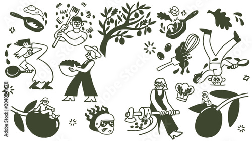 Foto Whimsical illustration of olive grove activities and culinary creations, celebra