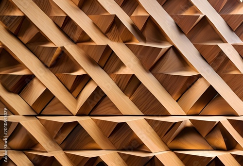 Modern architectural wall paneling featuring layered triangular wood blocks creating dynamic natural shadows and textures. 
