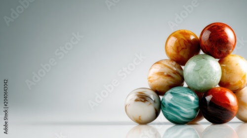 An artistic arrangement of colorful marbles stacked in a pyramid, showcasing intricate designs and patterns, invoking feelings of nostalgia and playfulness.
