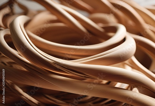 Heat bent wood or rattan strands intertwine creating abstract form with depth light and shadow.