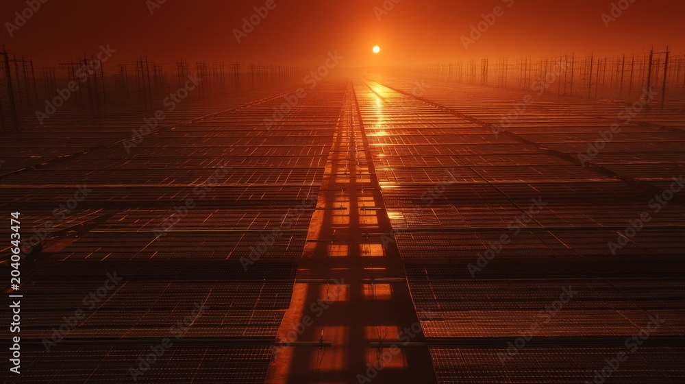 Fototapeta premium Expansive Greenhouse Landscape at Dusk with Sun Setting in a Golden Sky and Shadows Forming on the Ground