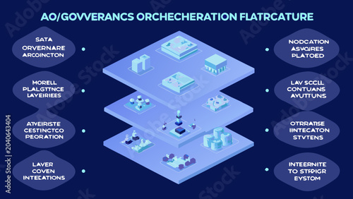 Flat vector isometric diagram of ai governance technology and business strategy layered structure with icons and text dark blue background