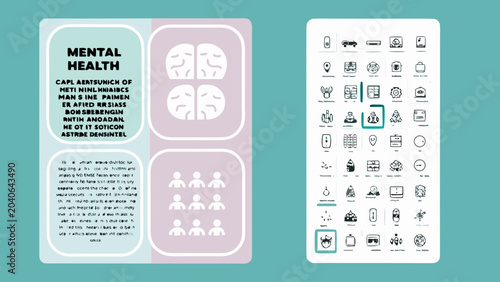 Mental health awareness slide with brain icon and infographic elements on teal background