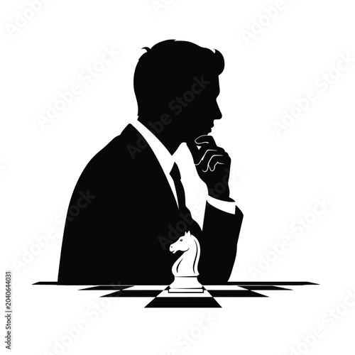 Man in suit thinking over chess strategy