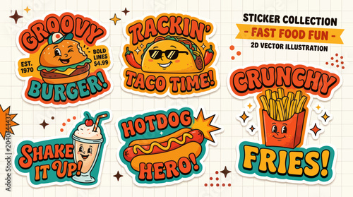 Obraz na plátně Retro Fast Food Sticker Collection: Burger, Taco, Hotdog, Fries, Shake