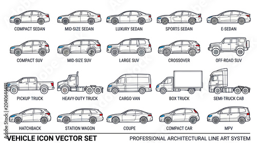 Tablou pe pânză Vehicle Icons Set: Cars, SUVs, Trucks, Vans, Sedans, Hatchbacks, MPVs