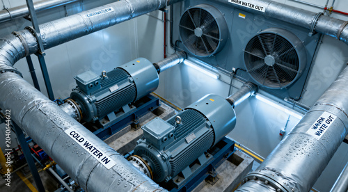 Commercial refrigeration plant room, chilled water system, steel piping.
