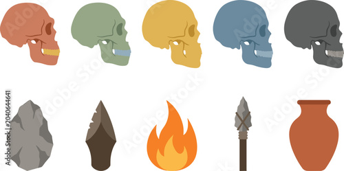 Принти на полотні Human Evolution and Prehistoric Culture Illustration Set with Ancient Skulls, St