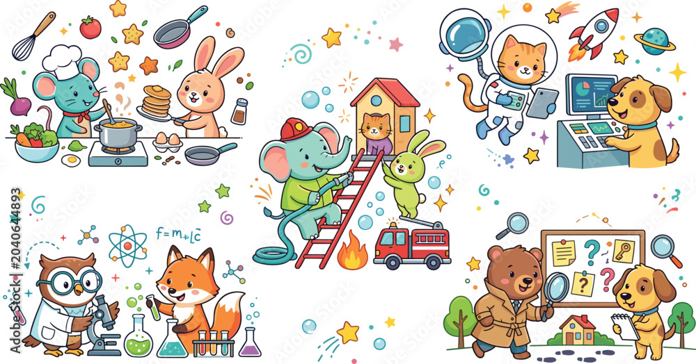Obraz premium Cute Animal Careers Vector Set Featuring Kawaii Cooking Partners Firefighter Elephant Space Astronauts and Scientist Laboratory Teams for Childrens Education Branding