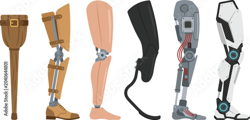 Foto Prosthetic Leg Evolution and Bionic Limb Illustration Set with Wooden Crutch, Ar