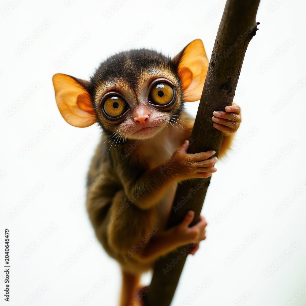 Fototapeta premium Small tarsier monkey clings to tree branch. This tiny primate has huge yellow eyes and large ears. It looks out with a curious expression. Small mammal in wild habitat.