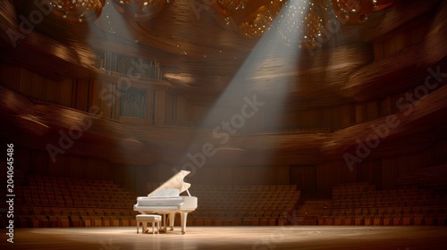 Serene Concert Hall with Elegant Grand Piano Bathed in Soft Light, Artistic Interior Design and Acoustic Perfection Creating a Unique Ambiance