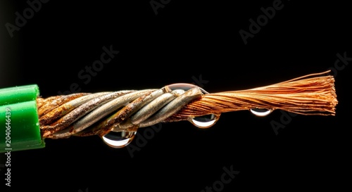 Extreme macro shot of a dirty water drop clinging to exposed oxidized copper wires.