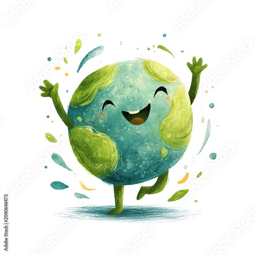 Cartoon Earth Character Celebrating World Day with Joyful Expression on White Background