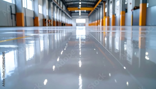 Shiny Polished Concrete Floor in a Modern Industrial Warehouse Interior.
