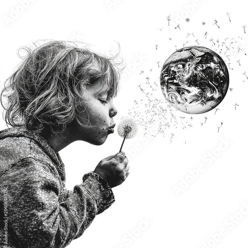 Child Blowing Dandelion with Earth in Background on White