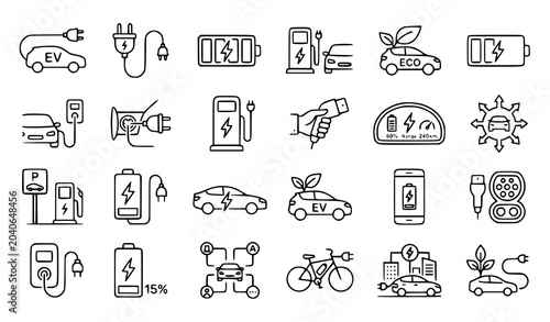 Tableau sur toile Electric vehicle charging outline icon set editable stroke vector collection
