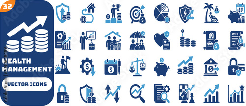 Obraz na płótnie Wealth management icon set featuring investment portfolio, retirement planning, stock market trading, tax savings, family insurance, banking, and financial growth charts