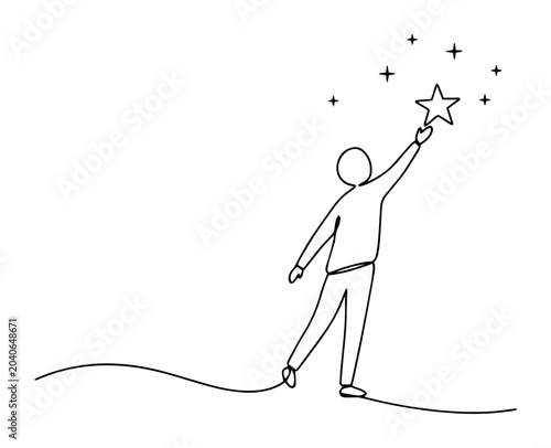 person reaching for star sketch of a thin one line in the style of a black vector on a white background