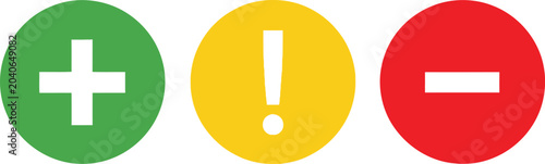 Photos Plus, exclamation, and minus icons in green, yellow, and red circles