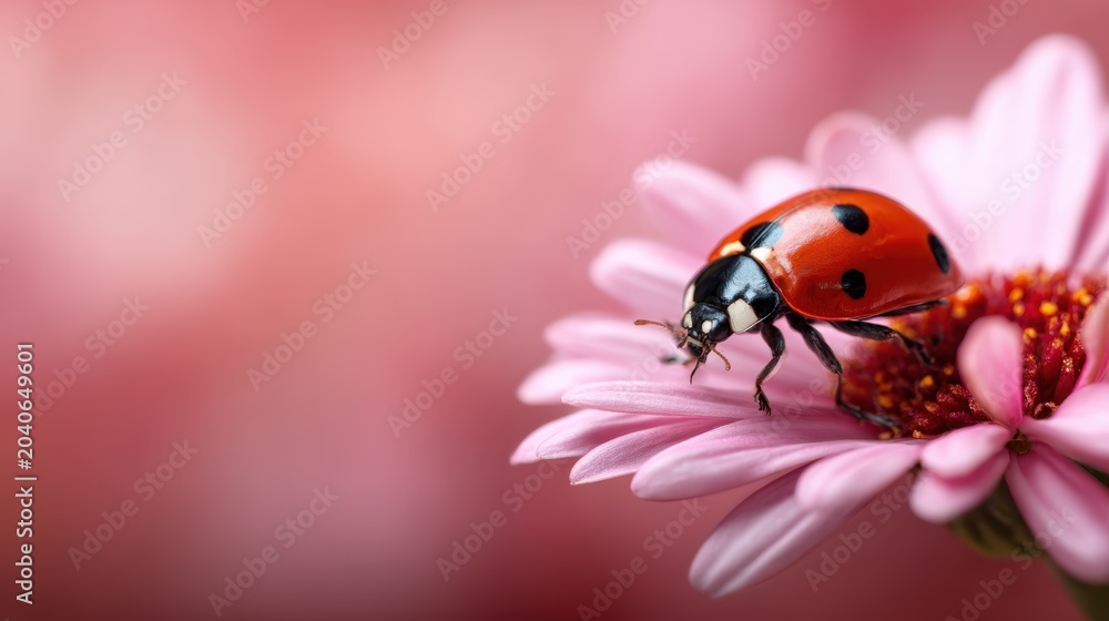 Fototapeta premium This close-up photograph showcases a ladybug perched on a vibrant pink flower, highlighting nature's beauty and the delicate interactions between insects and flora.