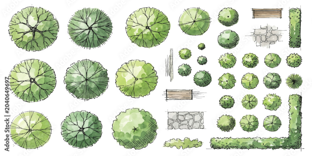 Obraz premium Top view set of architectural trees and landscaping elements for landscape design plans and site layouts