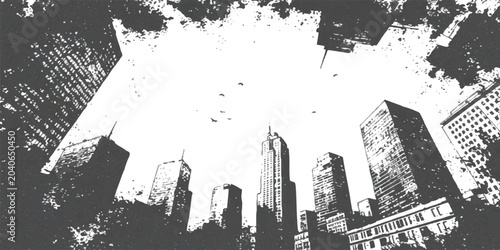 Fotografie Black and white illustration of tall city skyscrapers looking up at the bright s