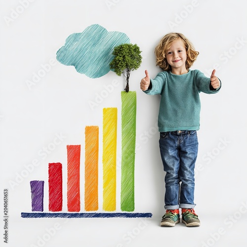 Child Standing Next to Colorful Growth Chart on White Background