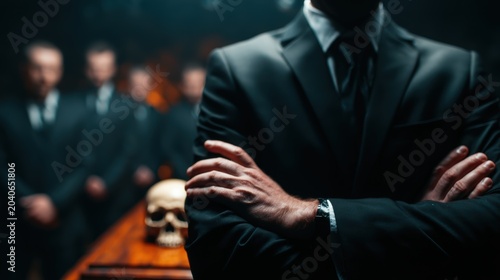 A somber scene of well-dressed individuals, one foregrounded beside a skull, evokes themes of mortality, grief, and the human condition in a deeply atmospheric setting.