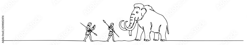 Fototapeta premium prehistoric men hunting mammoth linear contour design