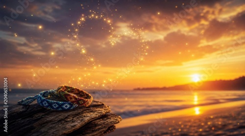 Friendship Day bracelets on driftwood with heart shape sparkles at sunset beach