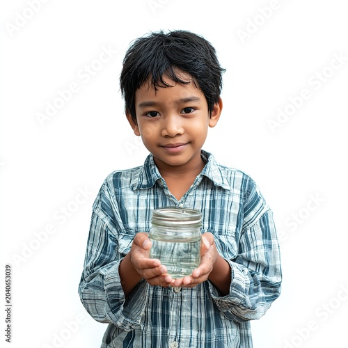 Child Holding Glass Jar on White Background, Expressing Curiosity and Innocence