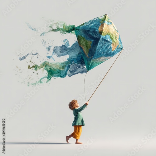 Child Flying with Umbrella on White Background, Playful and Whimsical Scene