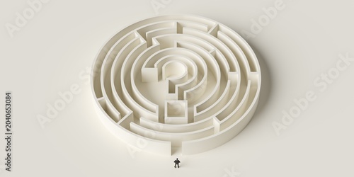 Business man standing at the entrance of a round maze or labyrinth with question mark shaped center, solution or strategy business concept on white background
