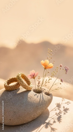 Two braided rings resting on stone with delicate wildflowers in soft light