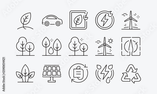 Ecology and Energy web icons in line style. Nature green, electric car, organic, renewable energy, green technology, environmental energy collection.