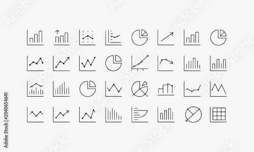 Graph and Charts web icons in line style. Graphics, infographic, statistics, data, diagrams, economy reduction, finance, arrow, business, increase, decrease.
