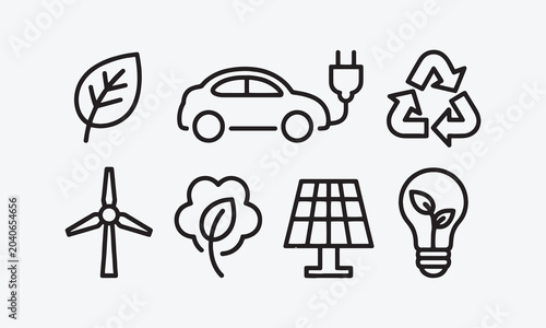 Ecology and Energy web icons in line style. Nature green, electric car, organic, renewable energy, green technology, environmental energy collection.