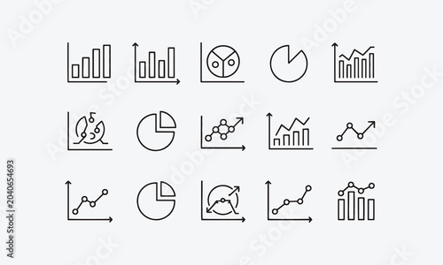 Graph and Charts web icons in line style. Graphics, infographic, statistics, data, diagrams, economy reduction, finance, arrow, business, increase, decrease.