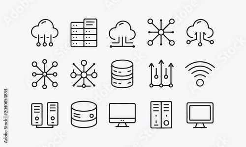 Internet computer web icons in line style. Cloud technology, data center, connection network, digital service, database platform, collection