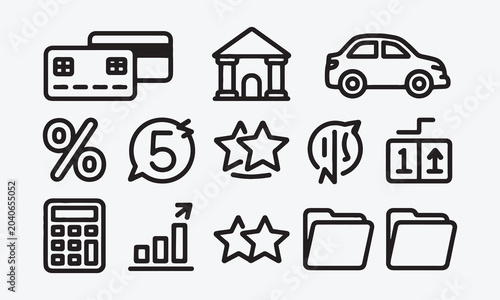 Loan and Credit web icons in line style. Credit card, deposit, car leasing, rate interest, calculator, income, rating, collection.