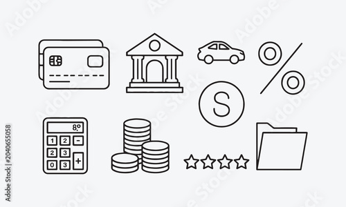 Loan and Credit web icons in line style. Credit card, deposit, car leasing, rate interest, calculator, income, rating, collection.