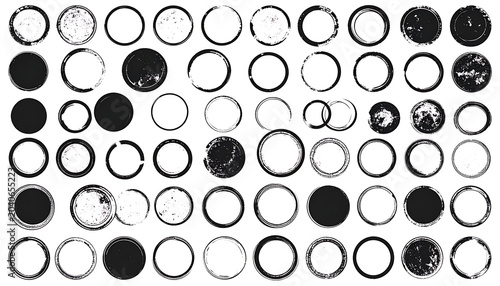 Collection of distressed grunge circles and circular frames with rough textures, set against a white background for abstract design elements