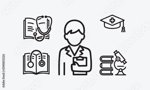 Medical Education web icon set in line style. Medicine, college, student, learning, book, collection