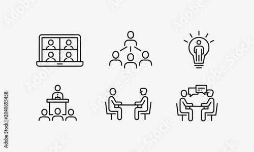 Meeting web icon set in line style. Conference, team, brainstorm, seminar, interview, collection