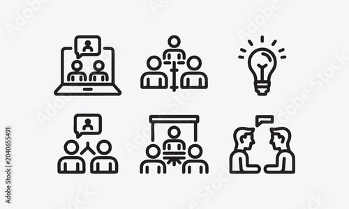 Meeting web icon set in line style. Conference, team, brainstorm, seminar, interview, collection