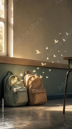 Two backpacks in a classroom with sunlight and origami birds flying near a window